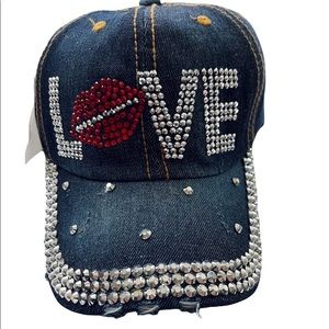 Denim Bling Rhinestone Heart Cap Hat Distressed NEW